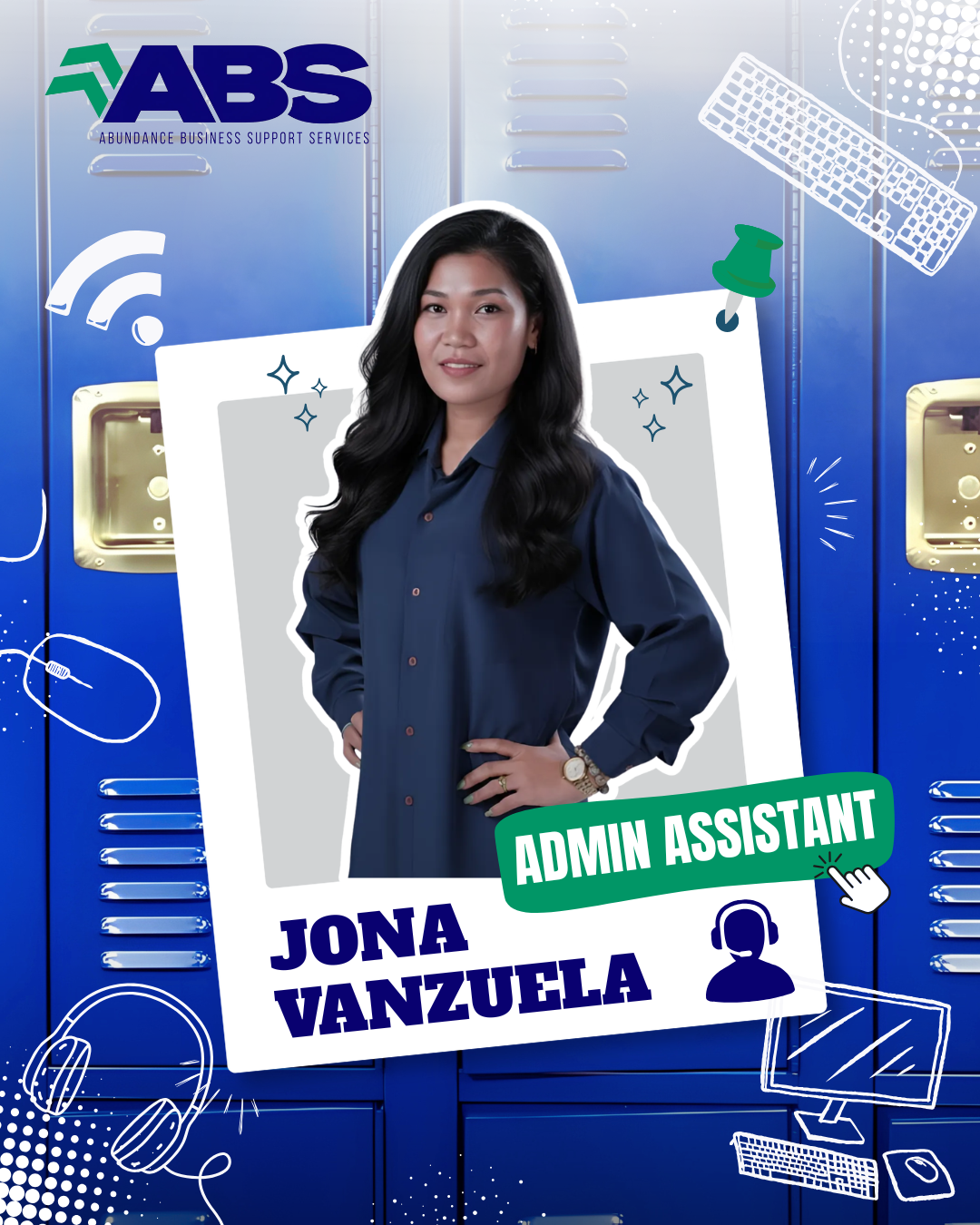 ABS poster featuring Jona Vanzuela labeled “Admin Assistant” on a blue tech-themed background