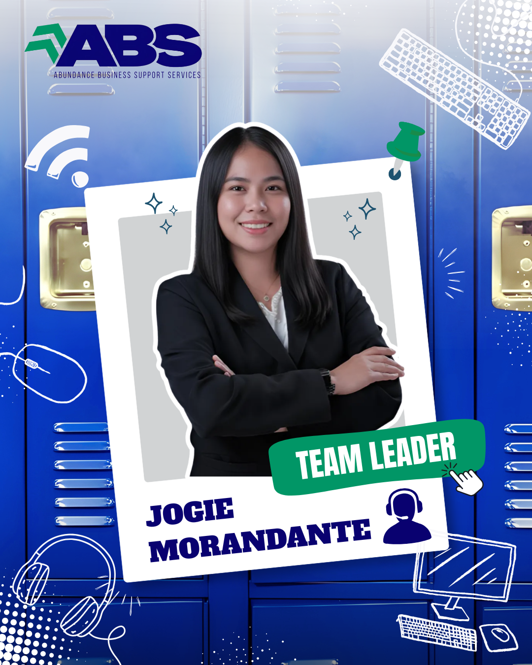 ABS team leader Jocie Morandante in a black blazer, smiling with arms crossed on a blue background.