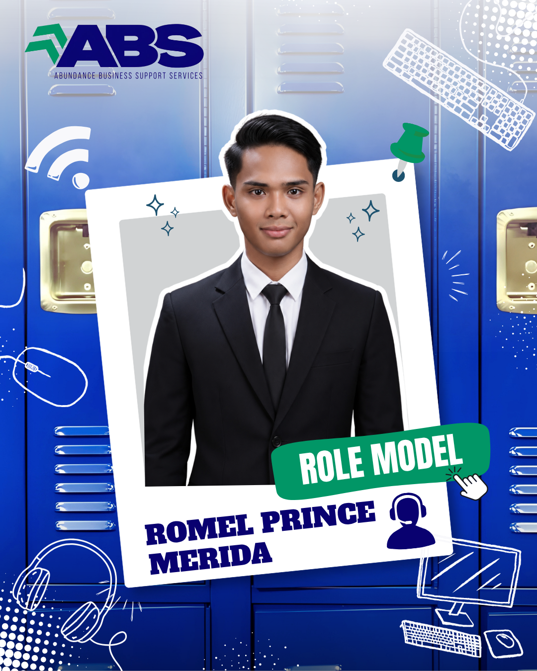 Portrait of Romel Prince Merida in a suit on a blue ABS role model poster