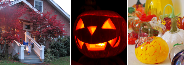Halloween apartment decorating ideas with pumpkins and warm seasonal lighting in a cozy rental living room