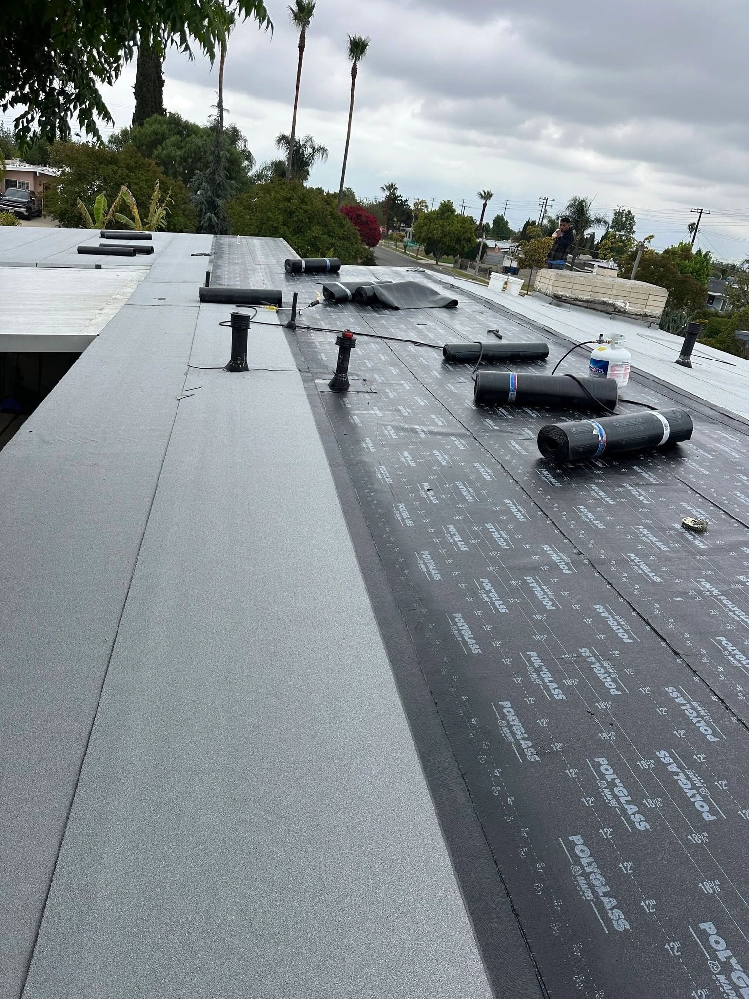 Flat rooftop with gray membrane, vents, and pipes; trees and overcast sky in the background.