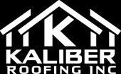 Kaliber Roofing Inc. logo with white roofline and bold text on black background