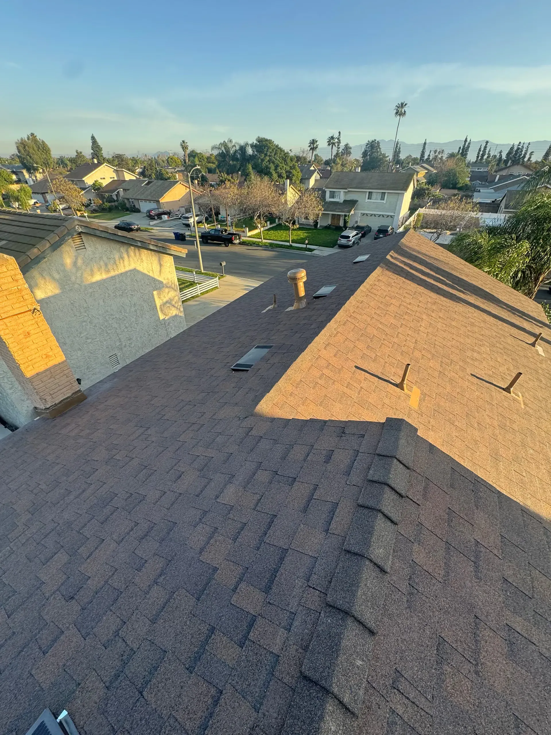 Rooftop with brown shingles at sunset, overlooking neighboring houses and trees in the distance.