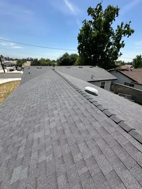 Gray shingled roof with a skylight, viewed from the ridge under a blue sky