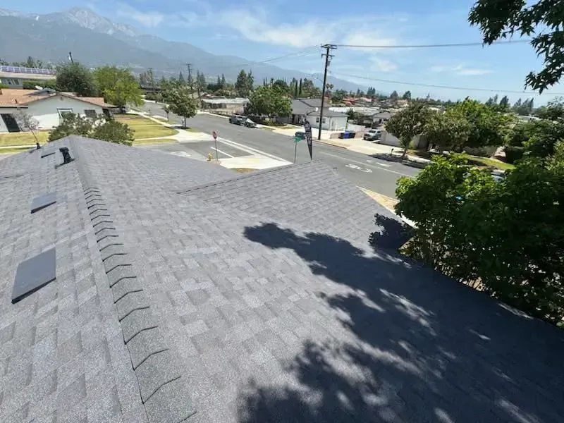 Residential neighborhood seen from a rooftop under a clear blue sky, with mountains in the distance.