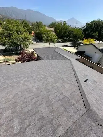 Rooftop shingles overlooking a tree-filled neighborhood with mountains in the distance.