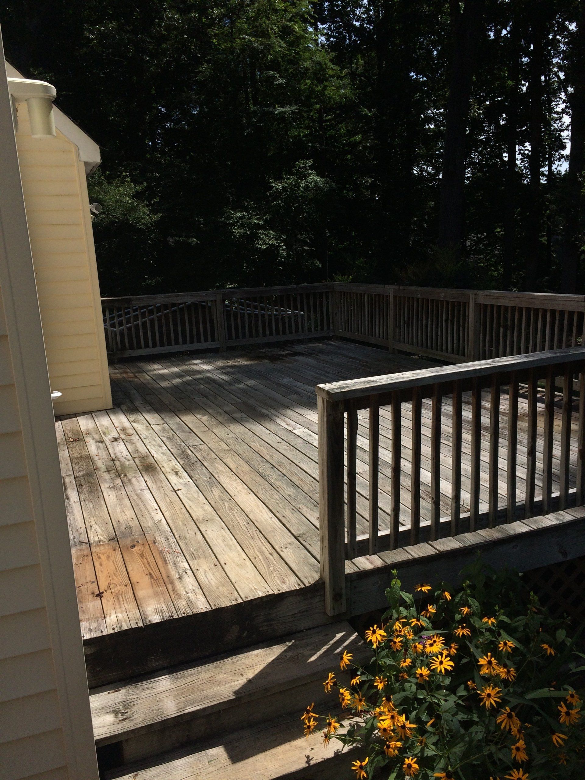 dirty old deck with flowers on the stairs
