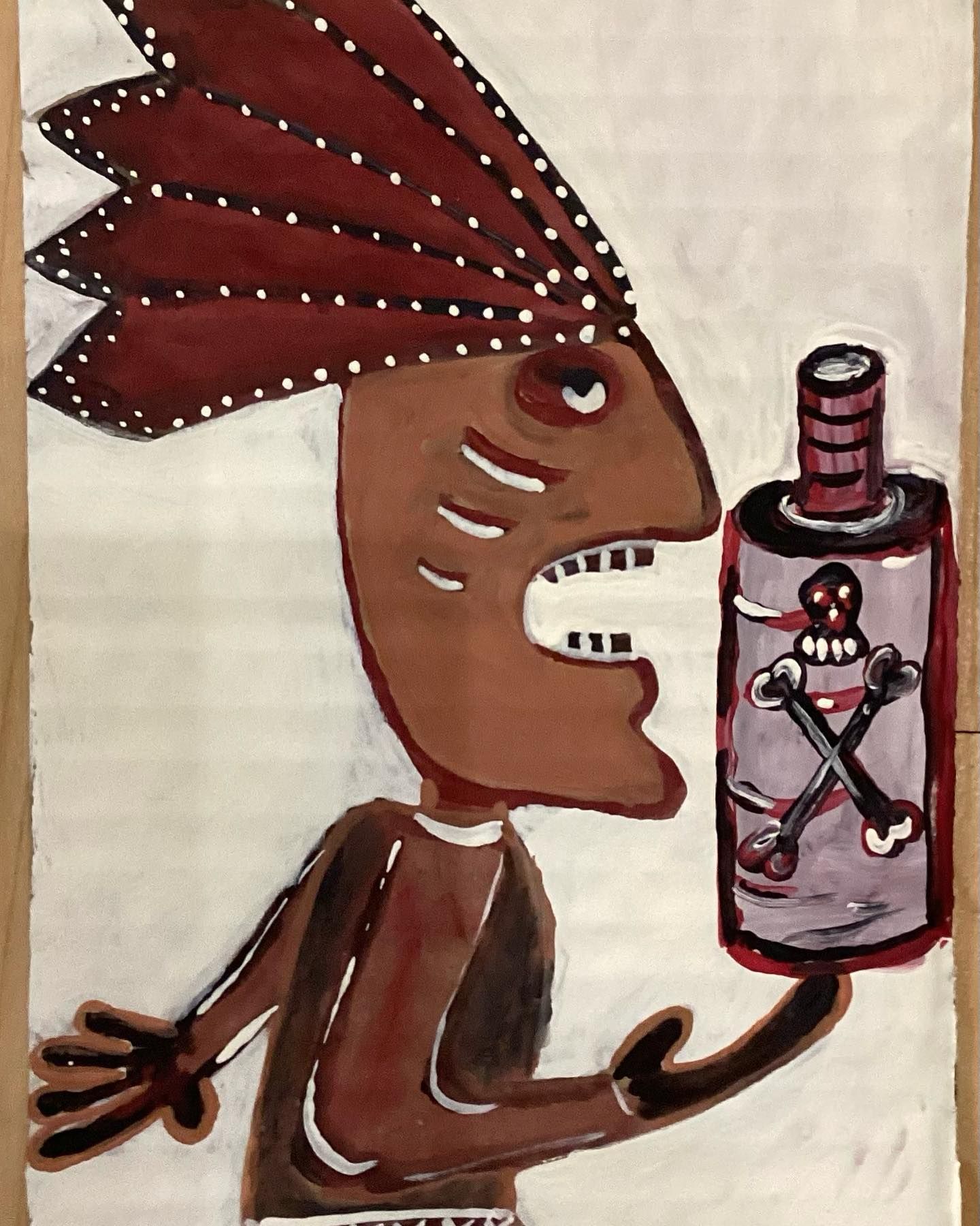 Stylized brown figure with red headdress holds a bottle marked with a skull-and-crossbones symbol