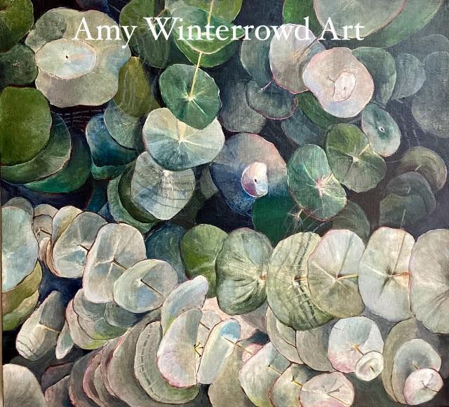 Abstract painting of layered green and white leaves, with “Amy Winterrowd Art” at the top.