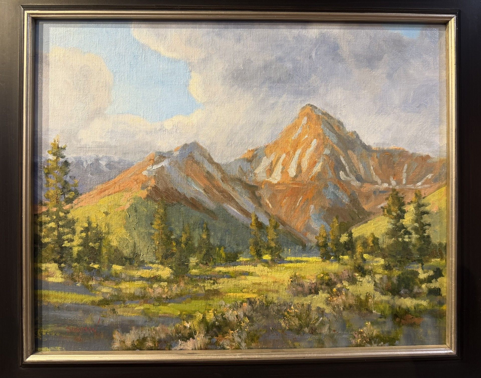 Framed landscape painting of sunlit mountains, pine trees, and a blue sky with clouds.