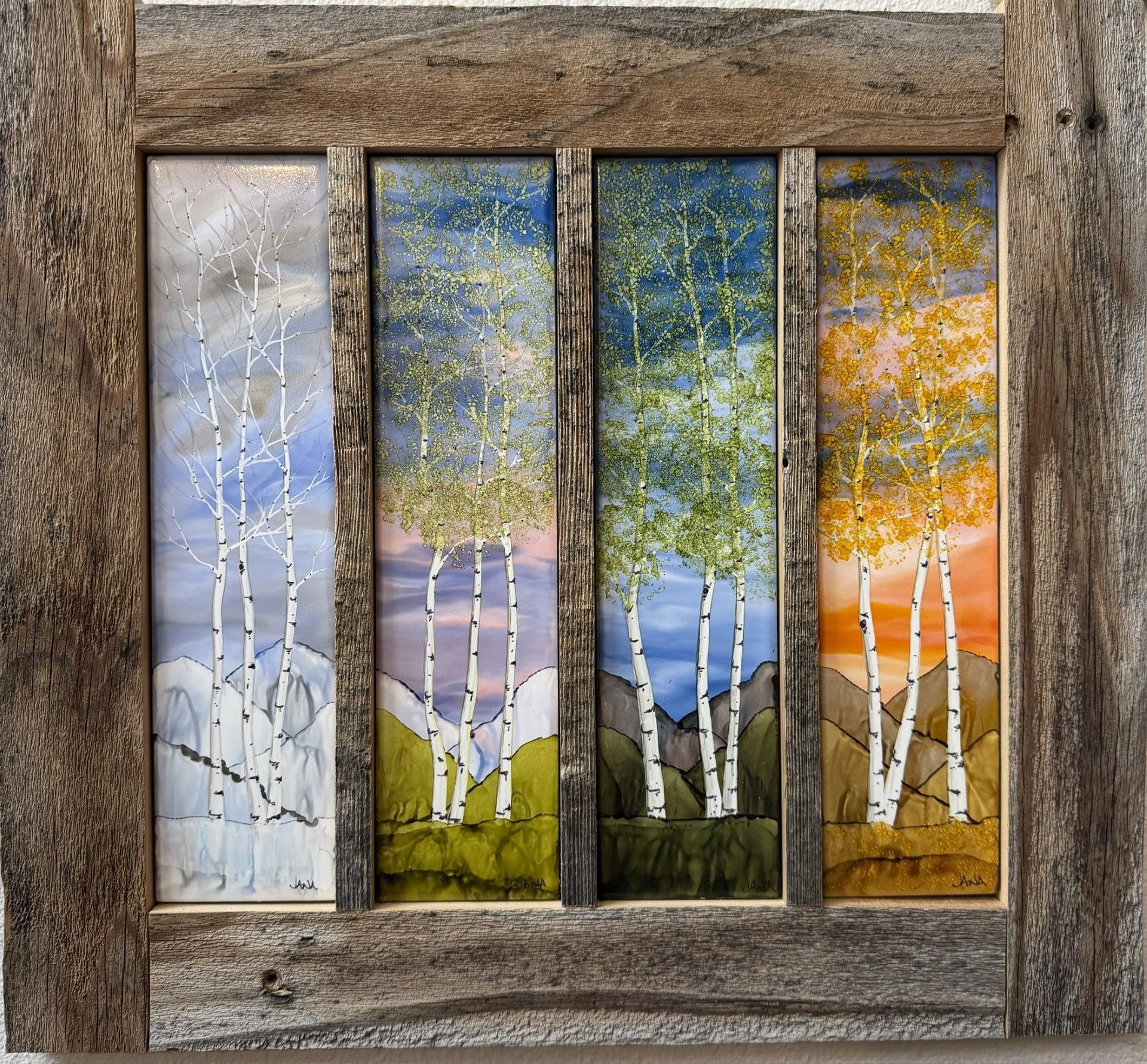 Four-panel abstract landscape painting of birch trees with sky and fields in blue, green, and orange hues
