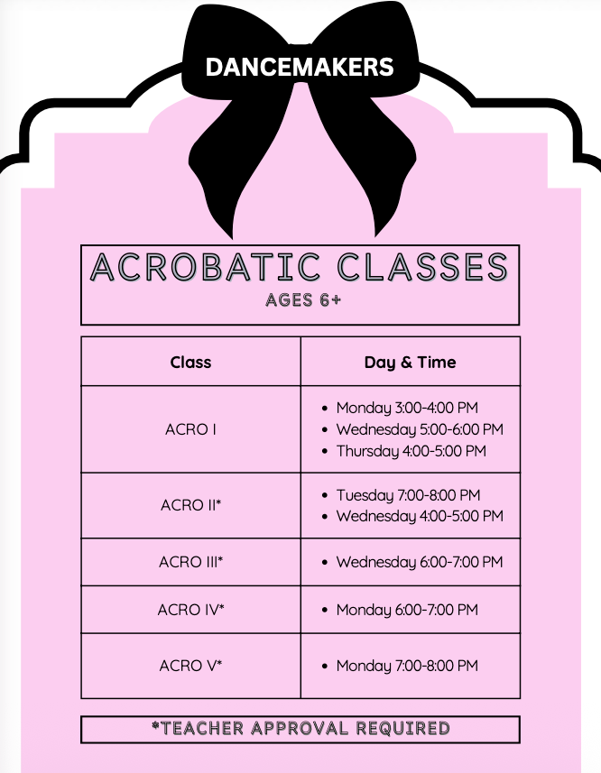 DanceMakers acrobatic dance class schedule for ages 6 and older, featuring Acro I through Acro V classes with weekly days, times, and teacher approval requirements for advanced levels.