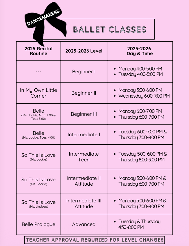 DanceMakers ballet class schedule featuring Beginner I, Beginner II, Beginner III, Intermediate I, Intermediate Teen, Intermediate II Attitude, Intermediate III Attitude, and Advanced ballet classes with recital routines, weekly class days and times, and teacher approval required for level changes.