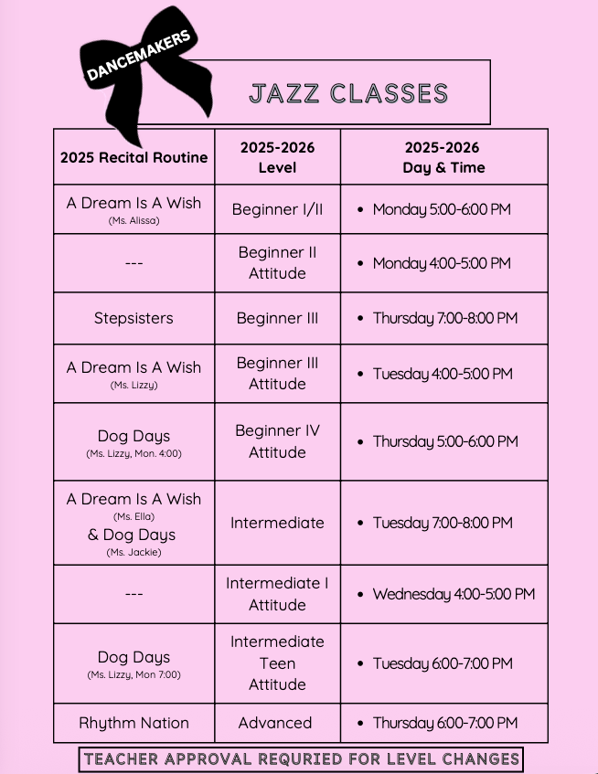 DanceMakers jazz dance class schedule featuring Beginner I/II, Beginner II Attitude, Beginner III, Beginner III Attitude, Beginner IV Attitude, Intermediate, Intermediate I Attitude, Intermediate Teen Attitude, and Advanced jazz classes with recital routines, weekly class days and times, and teacher approval required for level changes.