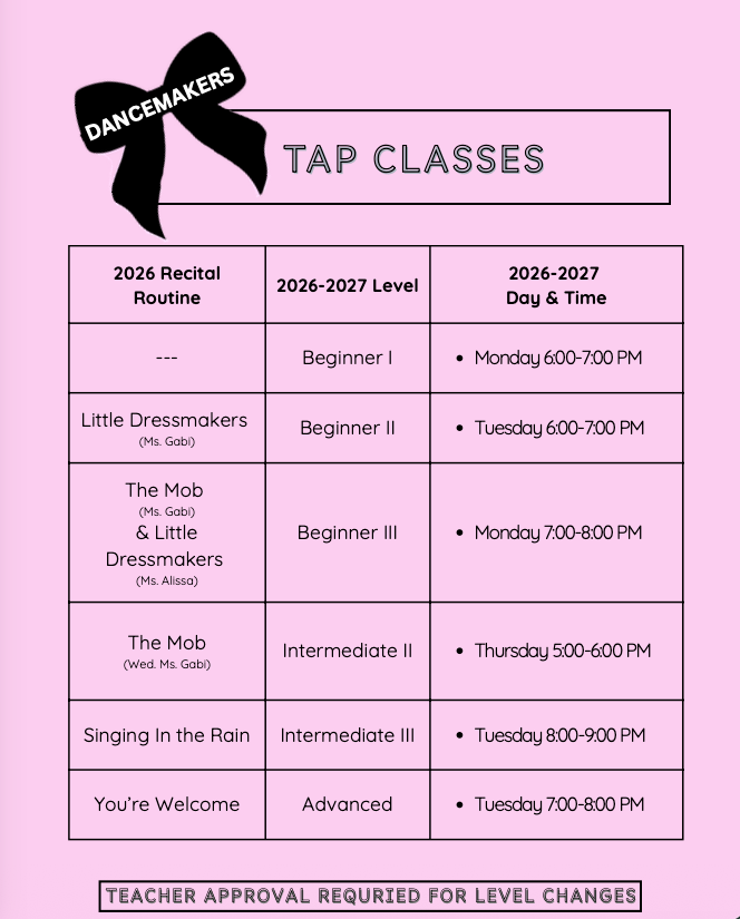 DanceMakers contemporary dance class schedule showing Beginner I, Beginner II, Beginner III, Intermediate, and Advanced levels with 2026–2027 recital routines, weekly class days and times, and teacher approval required for level changes.