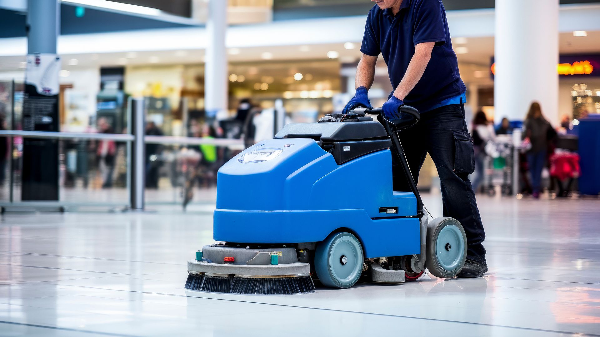 A man is cleaning the floor of an airport with a machine.