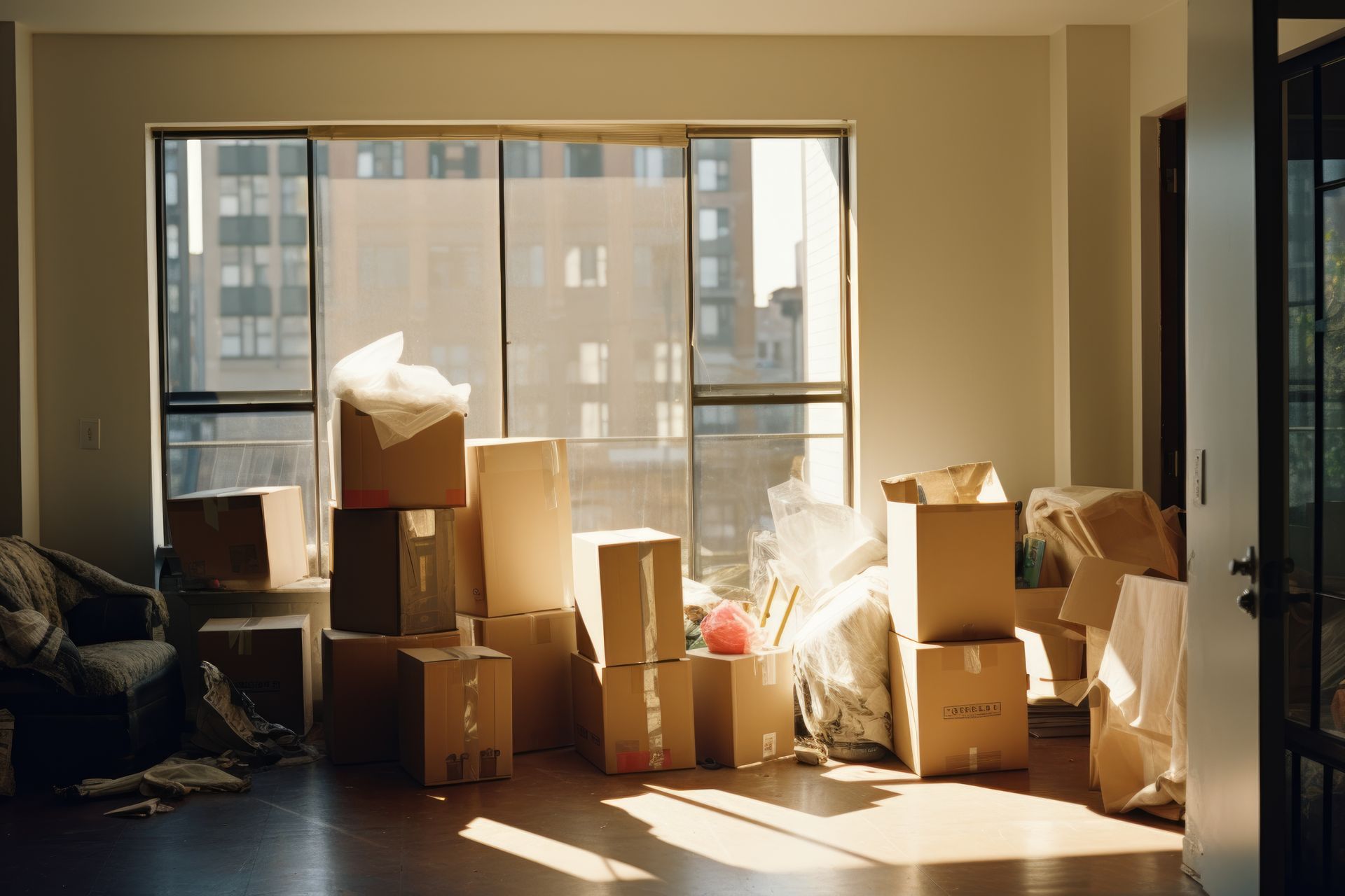 A living room filled with lots of cardboard boxes.