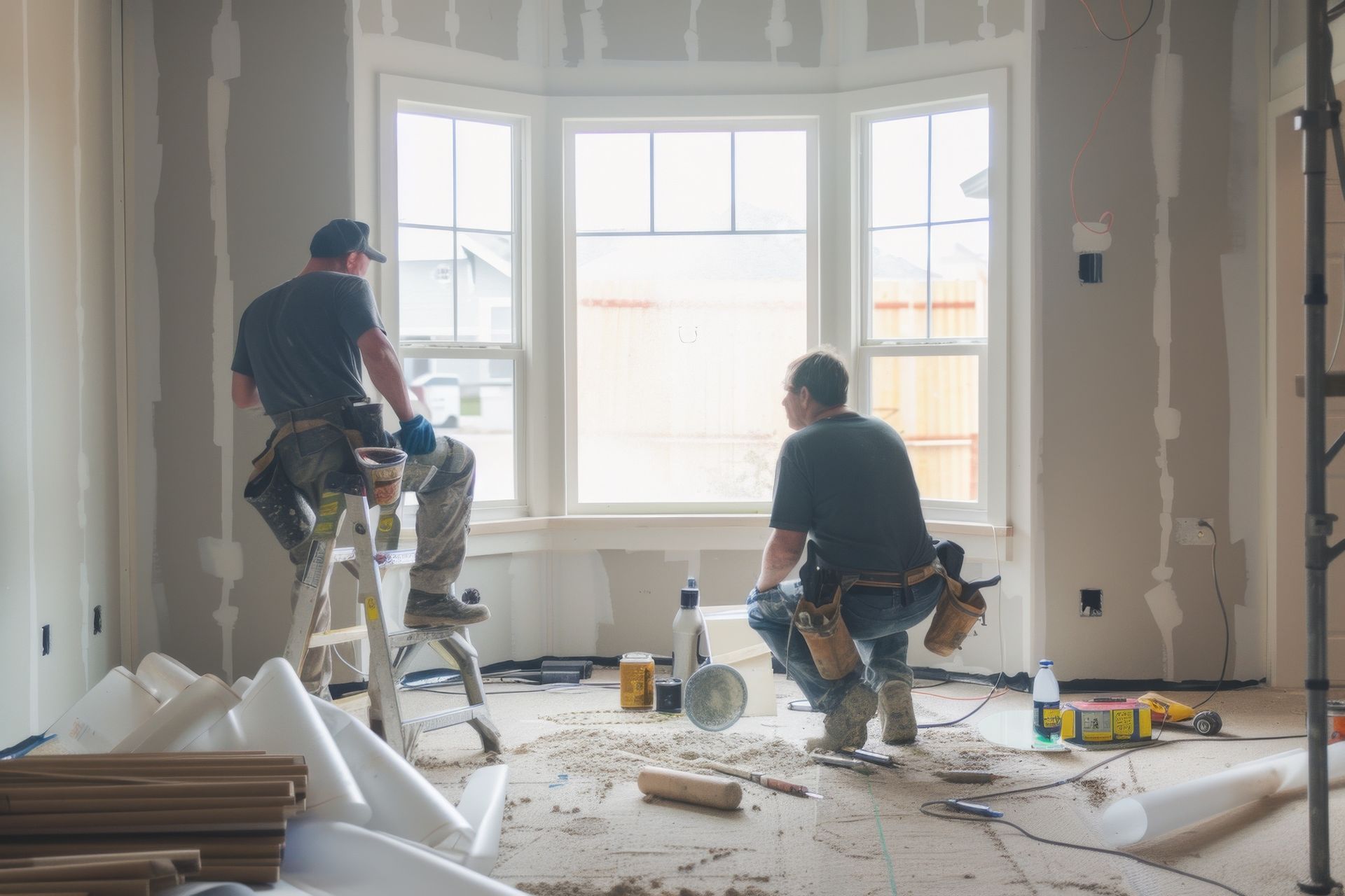 Two men are working in a room under construction.