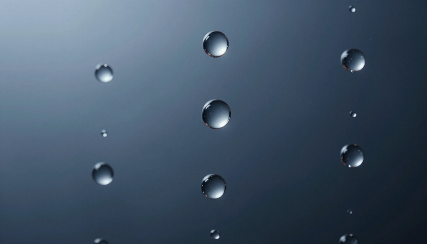Gocce d'acqua su una superficie grigio-blu scuro, che riflettono la luce.
