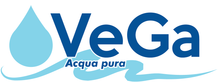 Logo VeGa Aquapura con goccia d'acqua blu e testo blu stilizzato su sfondo bianco.