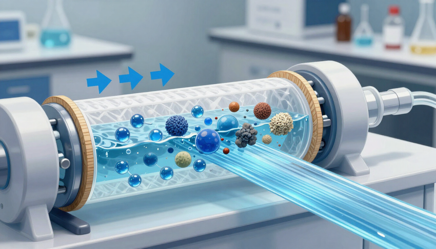 Cilindro trasparente che filtra particelle blu con frecce che indicano il flusso in un dispositivo scientifico
