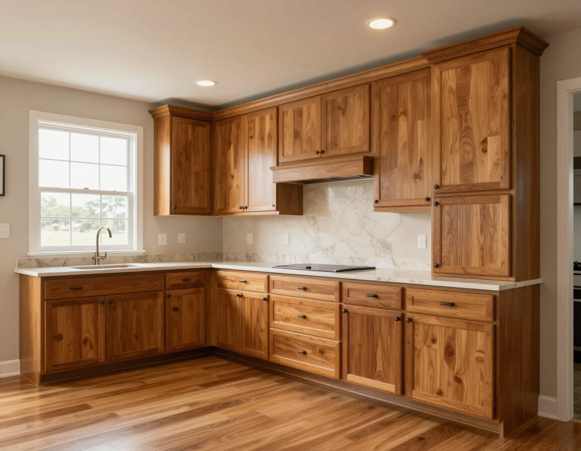 Warm wooden kitchen with cabinets, white countertops, and a window over the sink