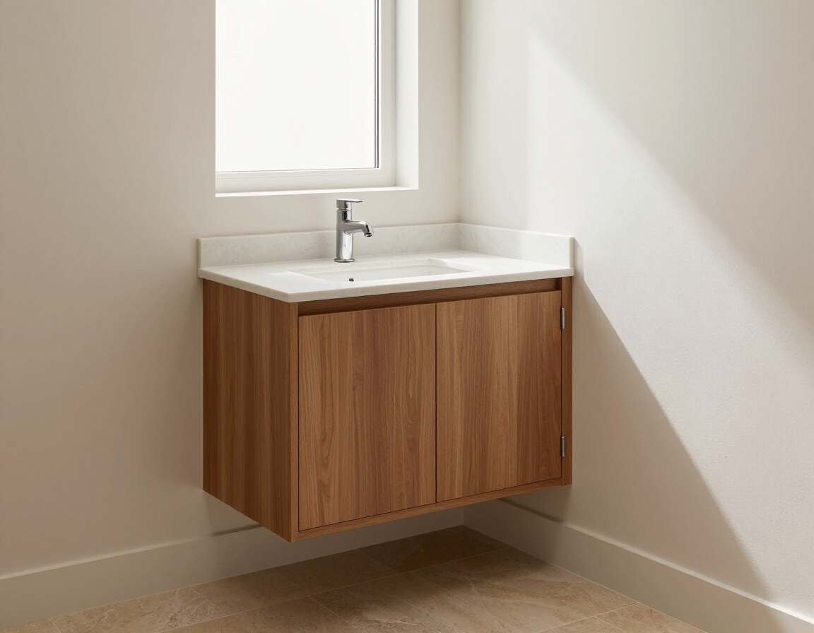 Modern bathroom vanity with wood cabinet, white sink, and window above in a bright corner room