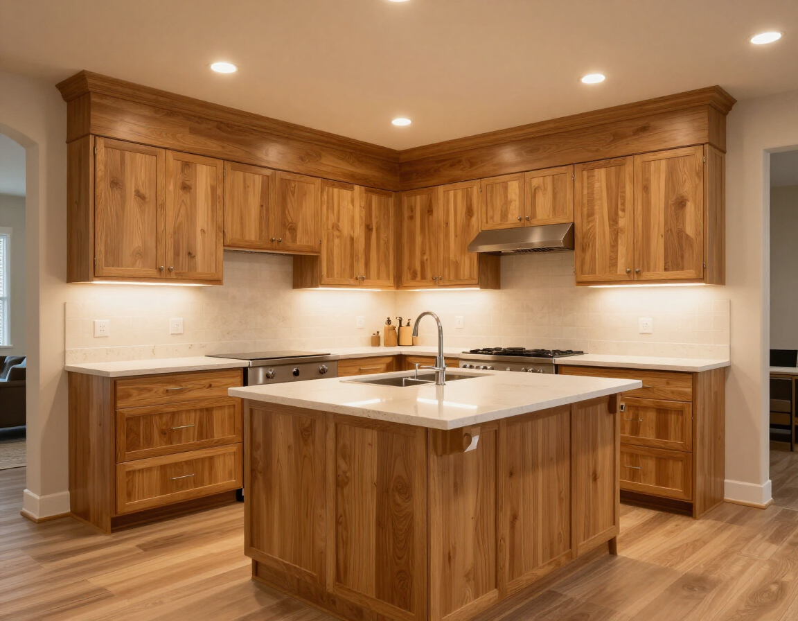 Natural oak kitchen cabinet installation with island DFW