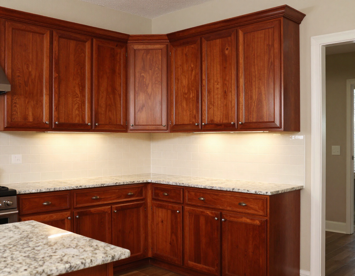 Cherry wood raised panel kitchen cabinet installation DFW