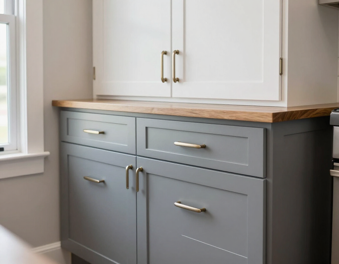 Two tone white and gray kitchen cabinet installation