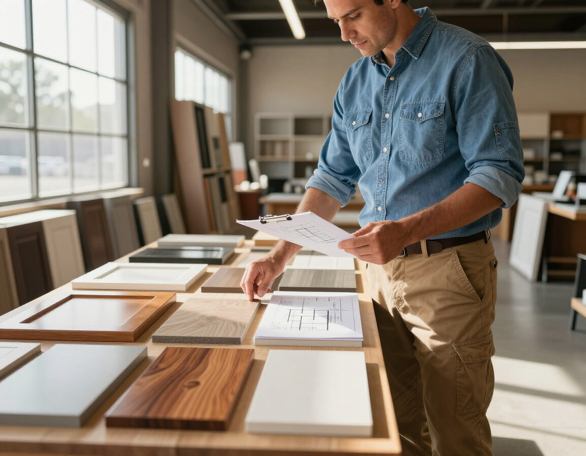 Contractor reviewing wholesale cabinet samples at Brot Fine Cabinetry's Arlington TX trade showroom.