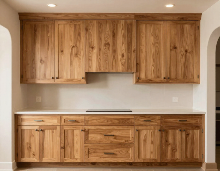 Custom kitchen cabinet run with natural wood grain and warm overhead lighting in an Arlington TX home
