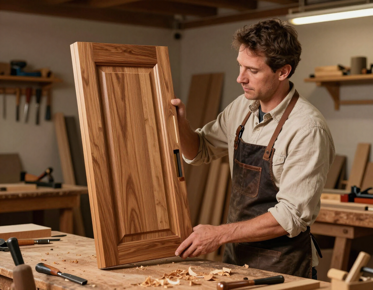 Craftsman inspecting a custom wood cabinet door with visible joinery detail in a cabinet workshop