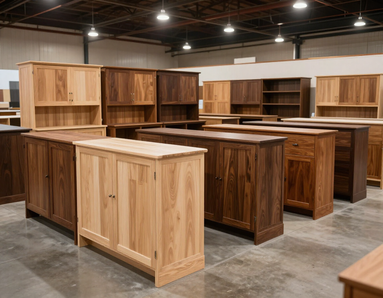 Wide-angle view of a cabinet showroom floor with rows of custom cabinet displays in varied wood tones