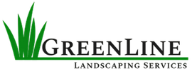 GreenLine Landscaping logo with green grass blades and text: