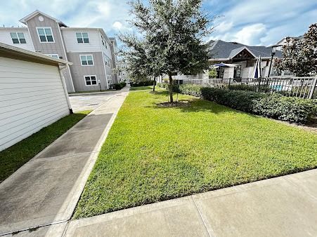 Suburban side yard with green grass, a concrete walkway, and neighboring townhomes under a cloudy sky