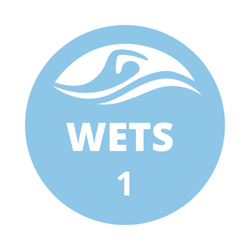 A blue circle with a wave and the word wets on it.