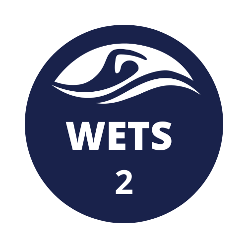 A blue circle with a wave and the words wets 2 on it.