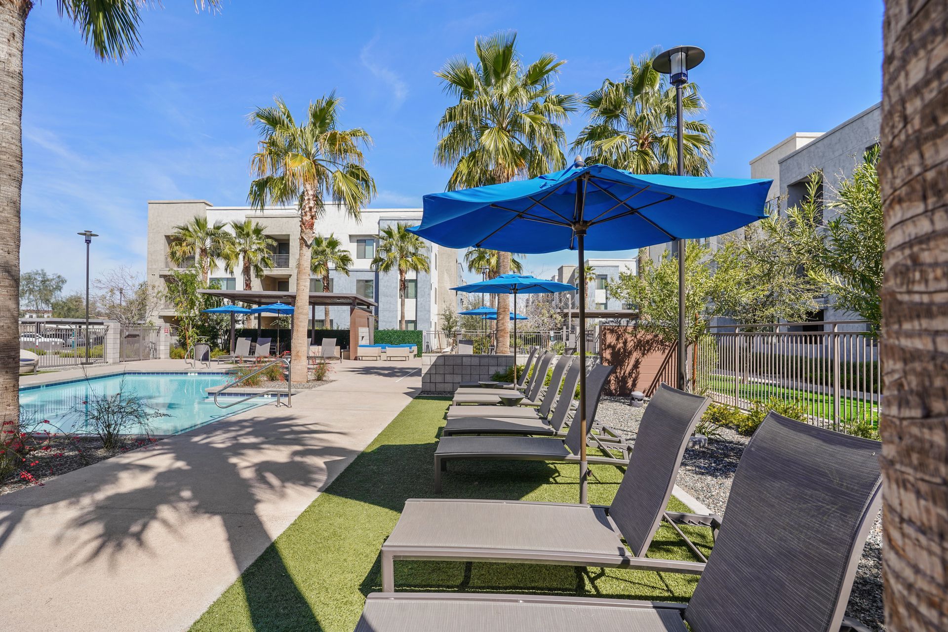 Poolside lounge chairs under blue umbrellas, near a swimming pool and modern buildings, sunny day at Parc South Mountain in Phoenix, AZ..