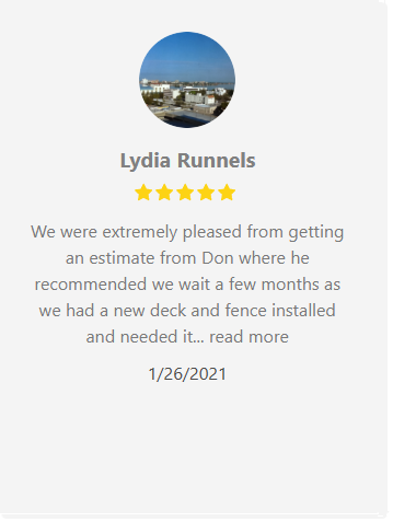 Review from Lydia Runnels with 5 stars.  Mentions estimate from Don who advised waiting a few months. Dated 1/26/2021.