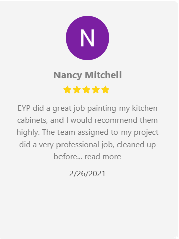 Review by Nancy Mitchell: 5-star rating for kitchen cabinet painting, professional service, and cleanup on 2/26/2021.