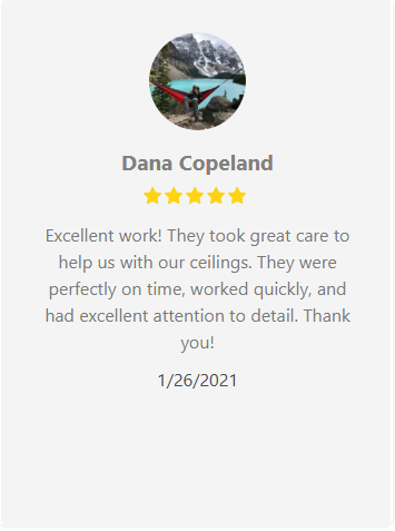 Dana Copeland's review: 5-star rating, praising the quick, detailed ceiling work. Dated January 26, 2021.