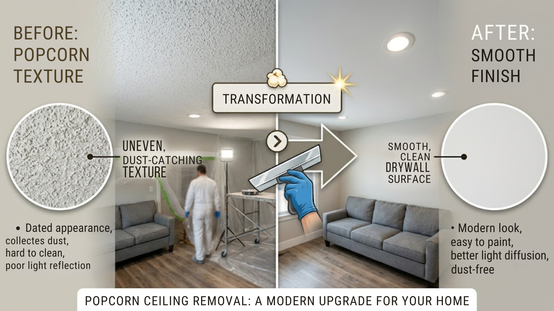 before and after popcorn ceiling removal transformation