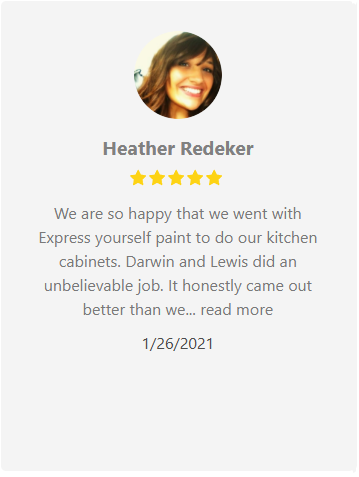 Customer review with a woman's portrait, praising Express Yourself Paint for kitchen cabinets, crediting Darwin and Lewis.
