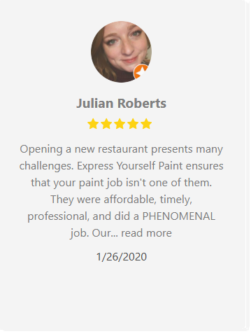 Review by Jullan Roberts: five-star rating, praising affordable, timely, professional paint job for a new restaurant.