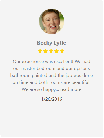 Becky Lytle's testimonial: smiling woman with 5-star rating, praising painting services, completed on time. 1/26/2016.