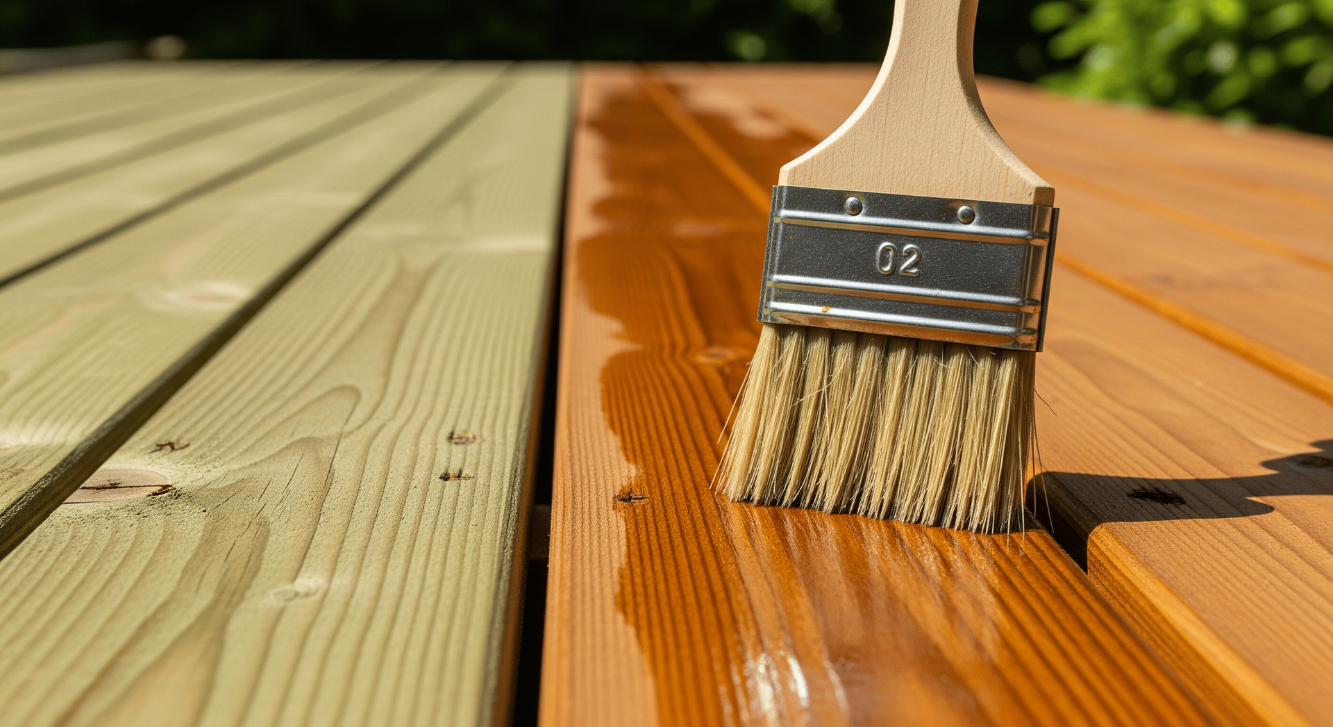 Brush applying wood stain to a wooden deck, transforming the color from green to brown.