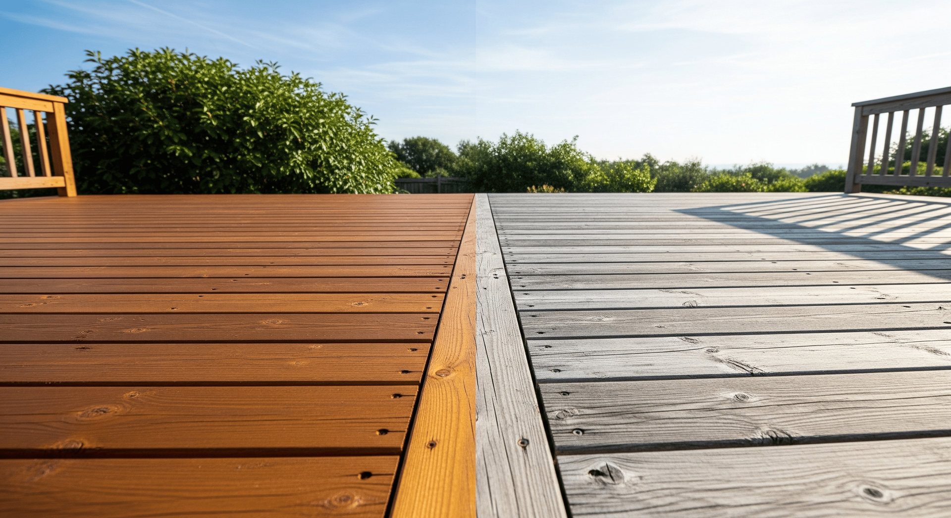 Half of a wooden deck stained brown; the other half is weathered gray.