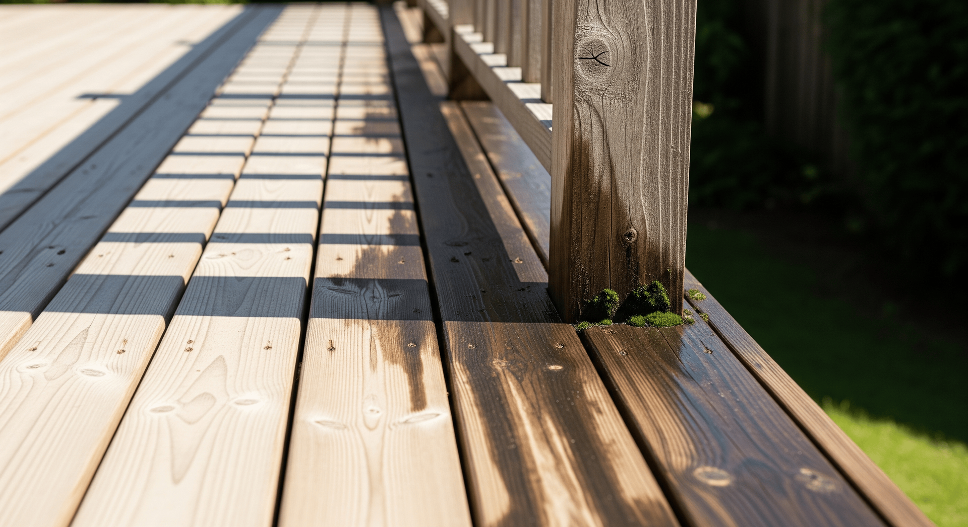 Wooden deck with wet boards and railing, casting shadows. A dark post shows signs of water damage, with green moss growing.