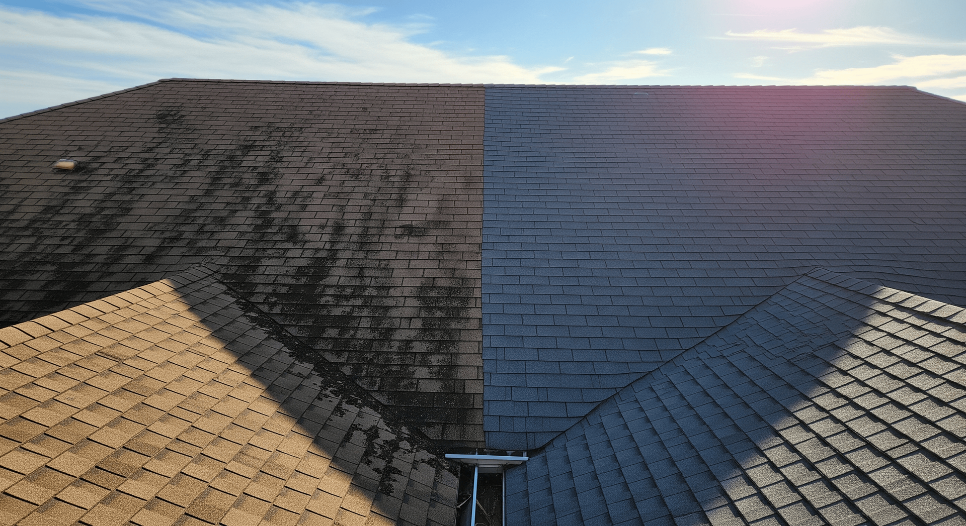 A split roof shows the contrast between a dirty, algae-covered side and a clean, gray side after cleaning.